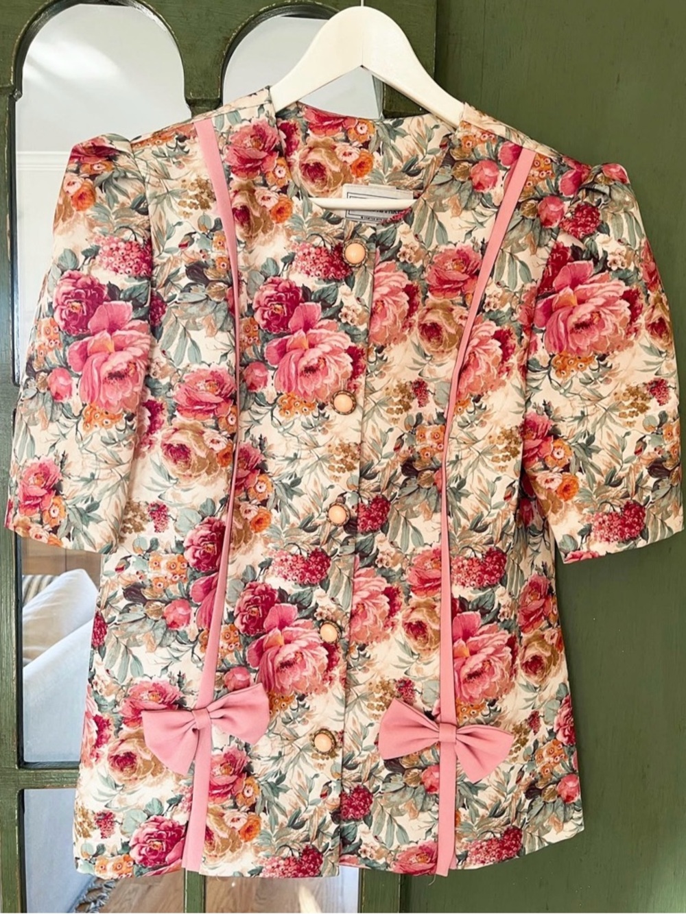 Floral Pink Bow Button-Up Jacket
